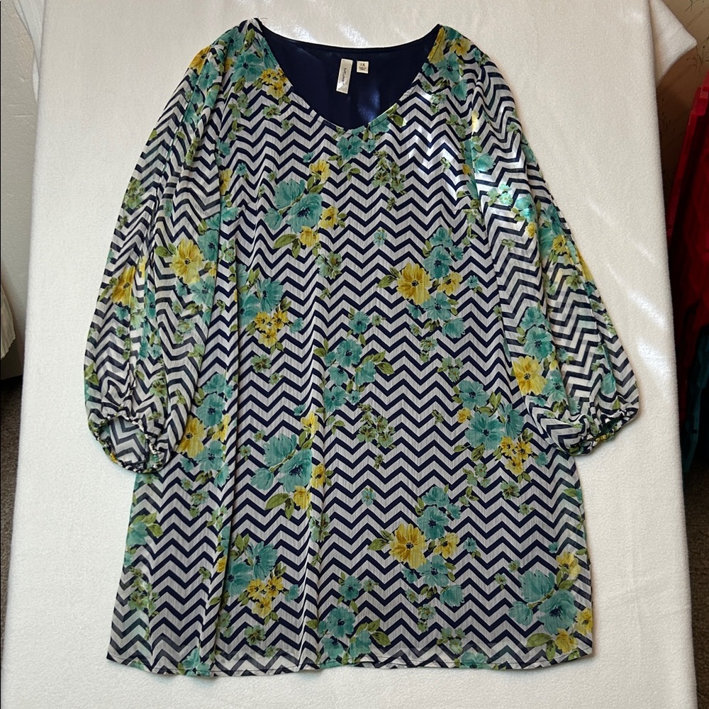 Tacera Blue Floral Chevron Dress 1X Chiffon Overlay Flowy Boho